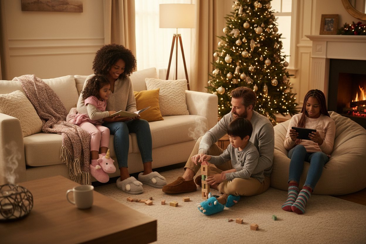familia en pantuflas con varias referenciaas 