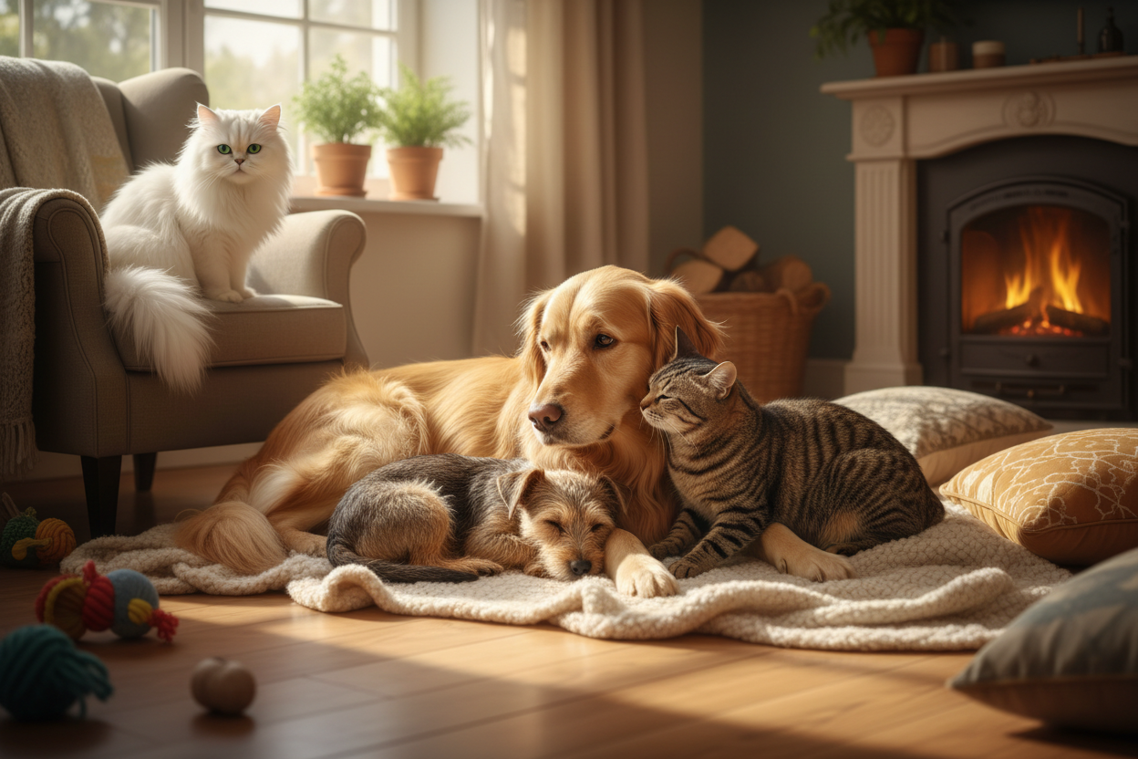 genera una imagen de unos gatos y perros 